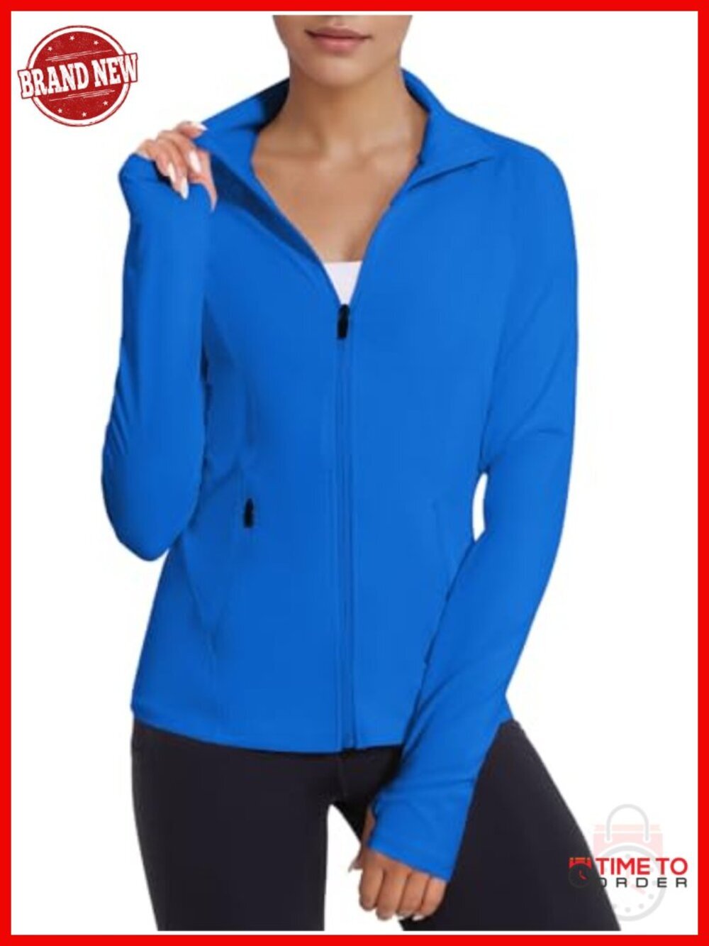 Full Zip Athletic Jacket with Pockets Thumb Holes Stretch Fabric Workout Gym